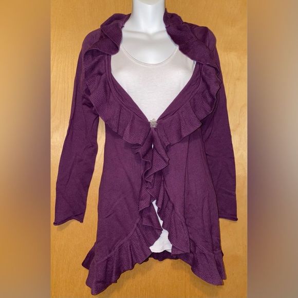 Sax cardigan sweater plum with ruffle trim size large - Picture 1 of 7